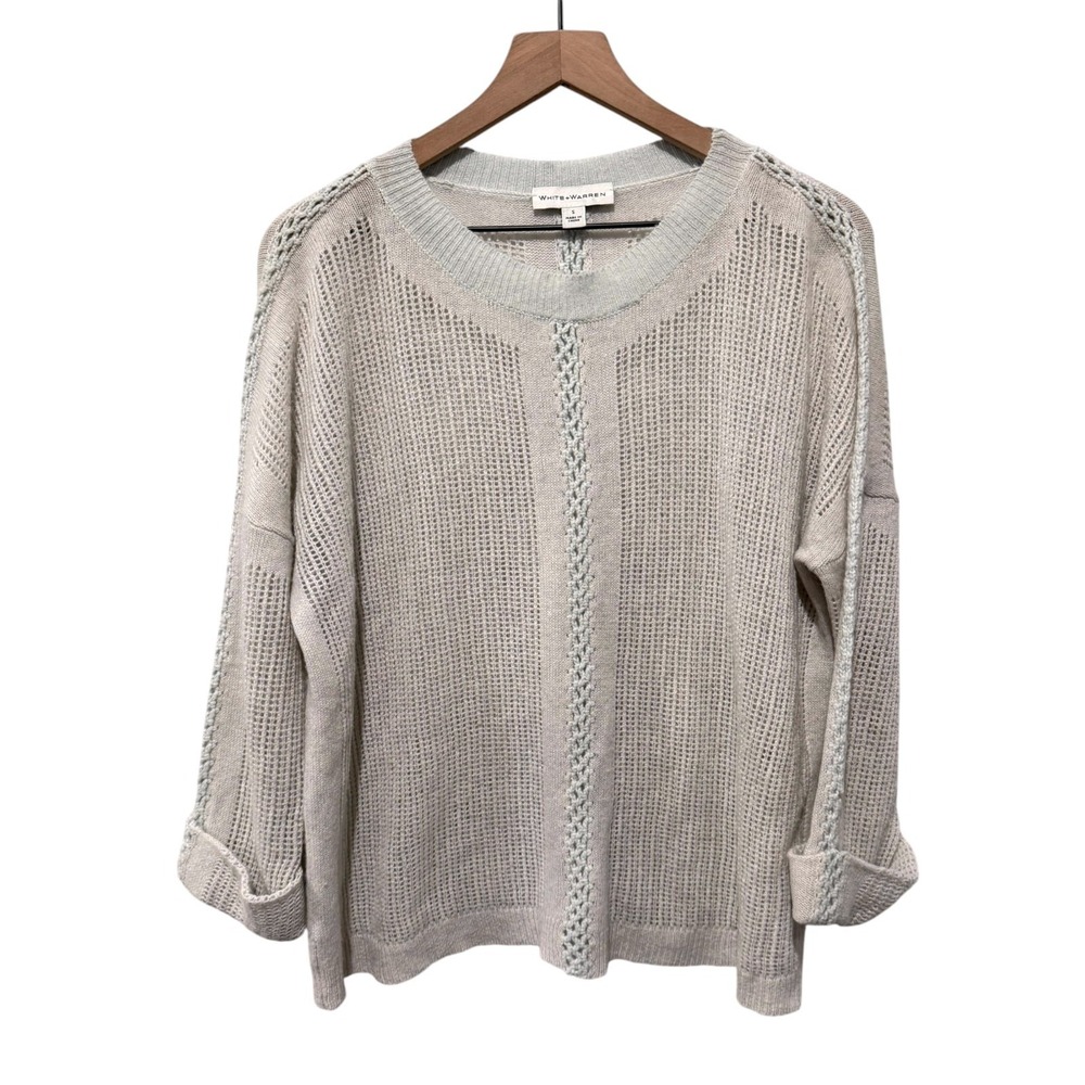 White + Warren 100% Cashmere Sweater Sz S Teal Blue Waffle Open Knit 3/4 Sleeve